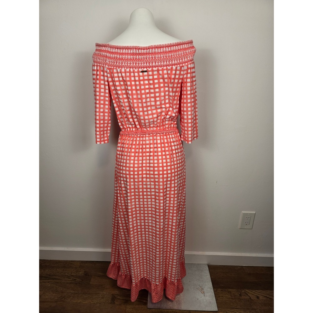 Cabana Life Off Shoulder Smocked Gingham Maxi Dress Coral White Size M - Picture 2 of 8
